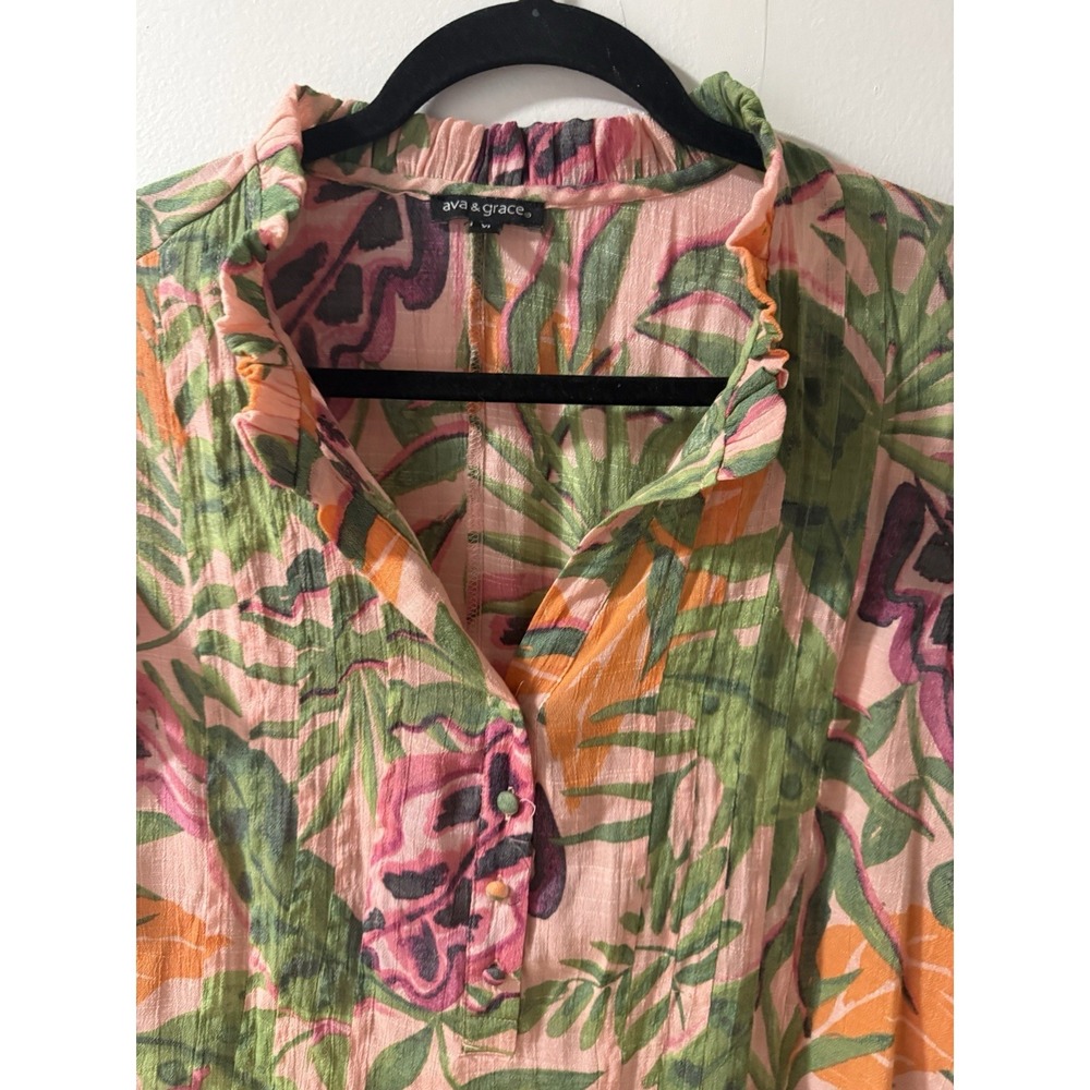 Ava & Grace Pink Floral Flutter Sleeve Chiffon Gauze Blouse XL SUMMER TROPICAL - Picture 7 of 9